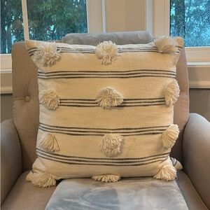 Cream and Gray Textured Accent Pillow with Pom-Poms